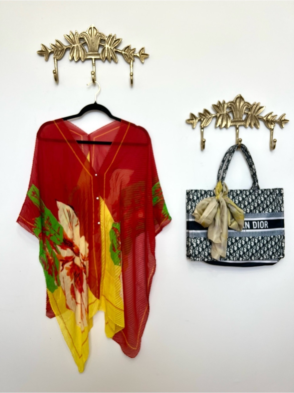 🆕New Sheer Floral Red and Yellow Kimono shawl with pearl buttons XL
